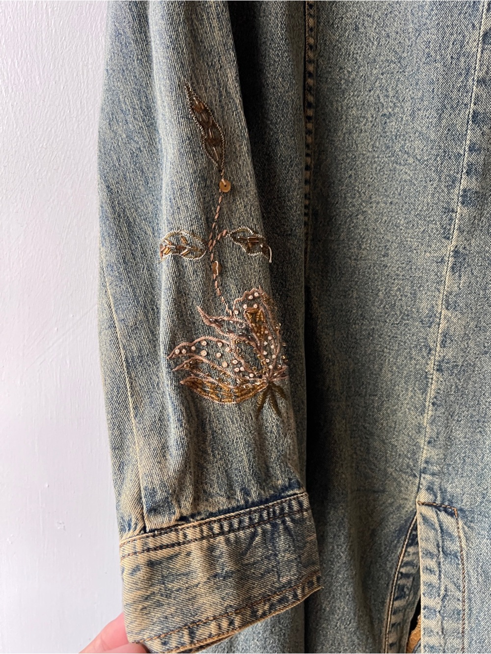 CRAZY LINE Embroidered Long Denim Coat - Green - Picture 10 of 14